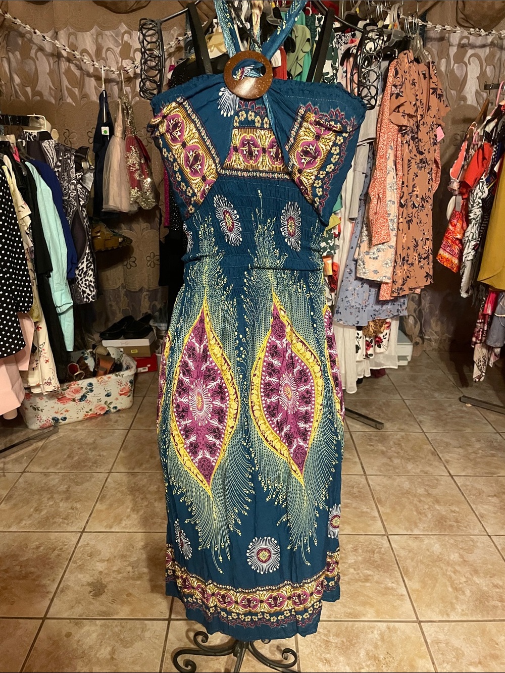 Bohemian Teal Maxi Dress with Pink & Yellow Motifs
